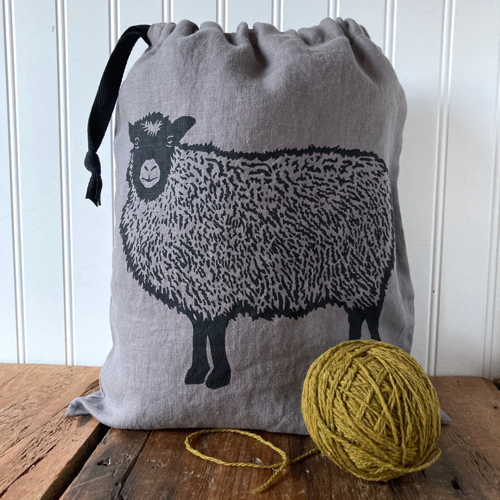 Large Linen Drawstring Bag - Shetland Sheep