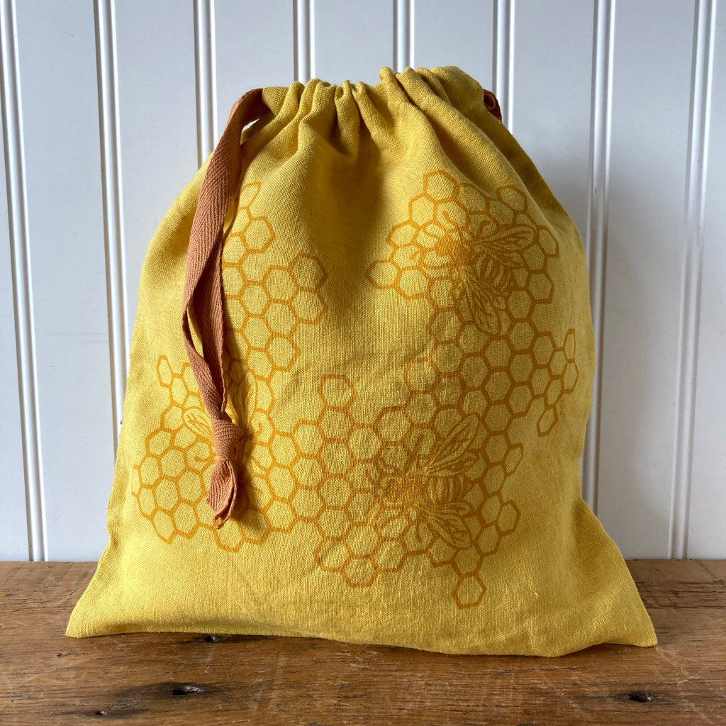 Small Organic Linen Drawstring Bag - Bees