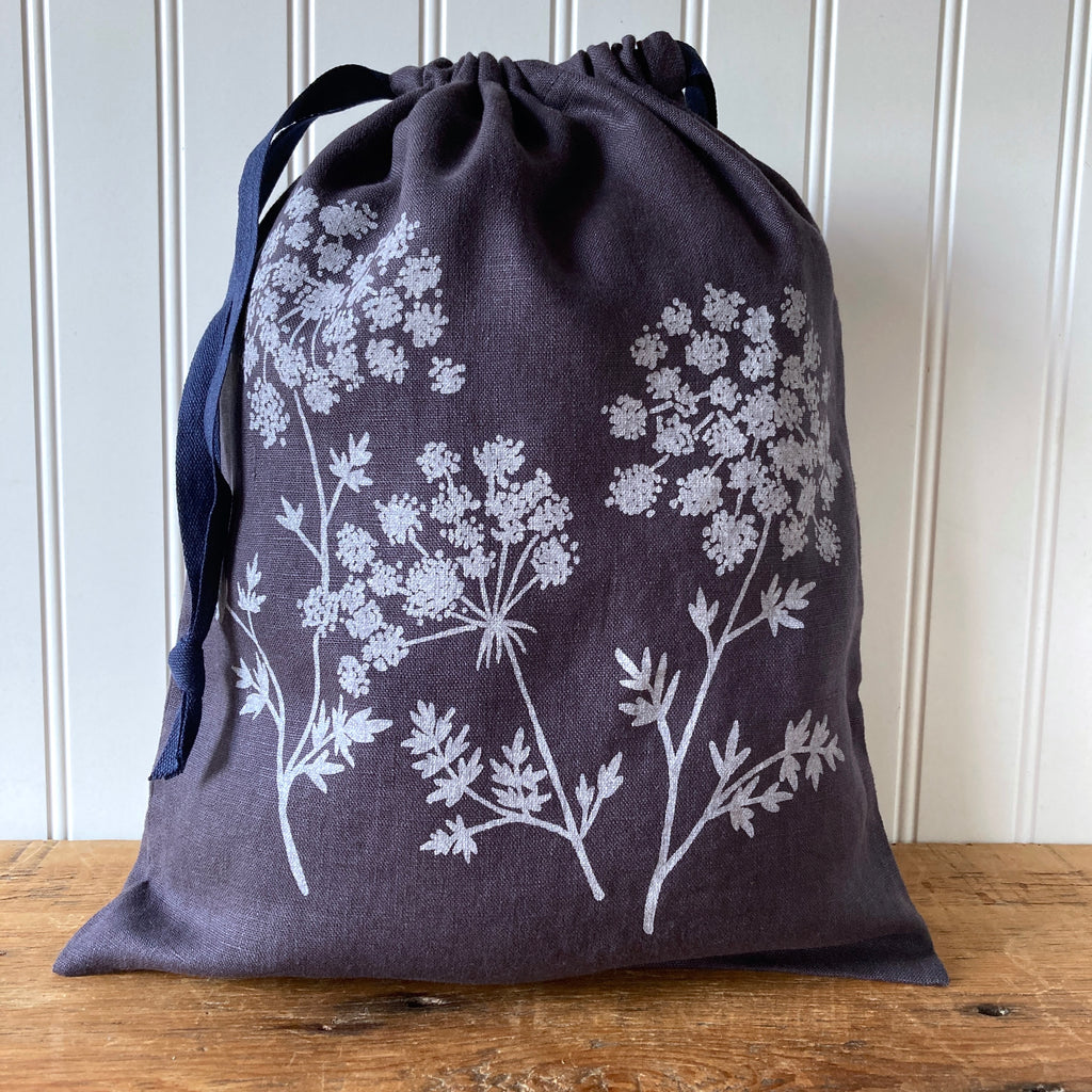 Large Linen Drawstring Bag - Queen Annes Lace