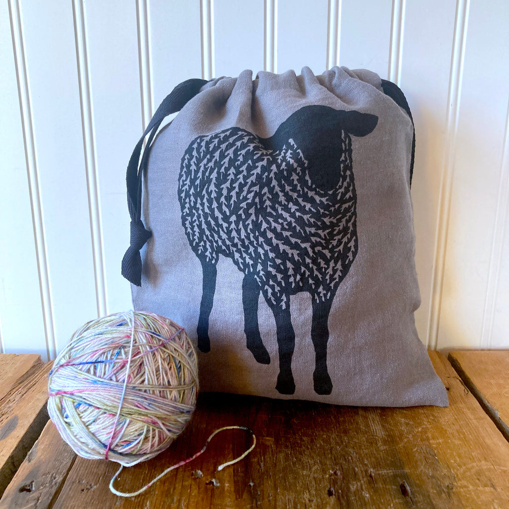 Small Organic Linen Drawstring Bag - Sheep