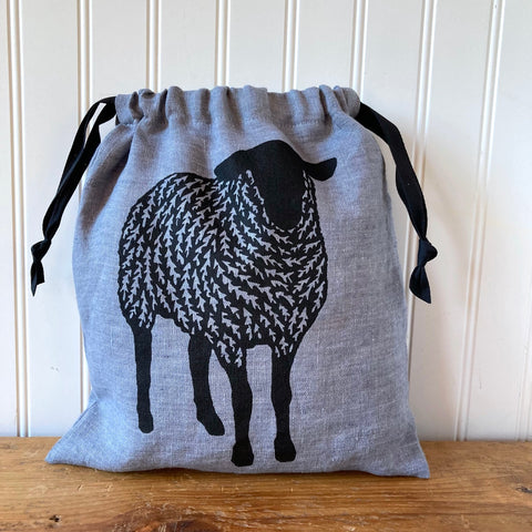 Medium Organic Linen Drawstring Bag - Sheep