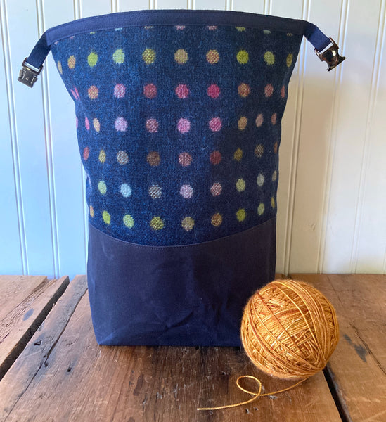 Wax and Wool Trundle Bag- Navy polka dot