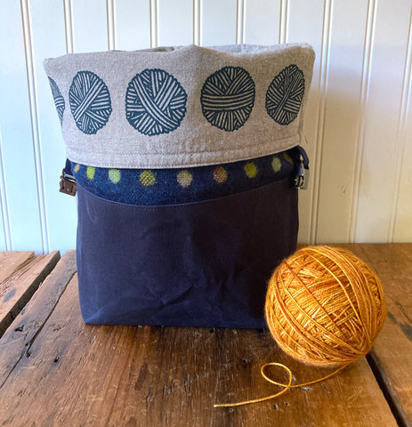 Wax and Wool Trundle Bag- Navy polka dot
