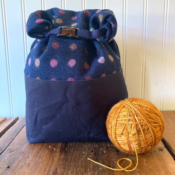 Wax and Wool Trundle Bag- Navy polka dot