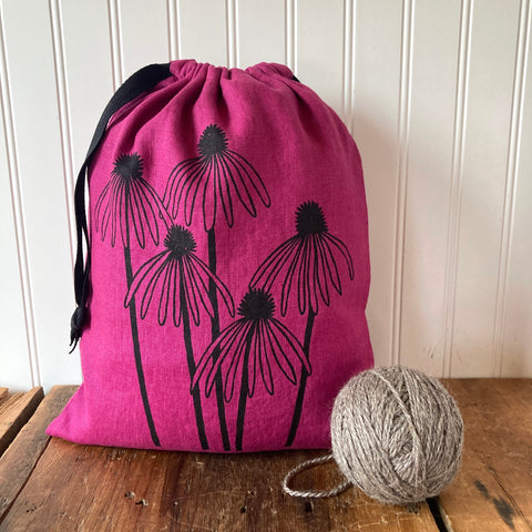 Large Linen Drawstring Bag - Coneflower