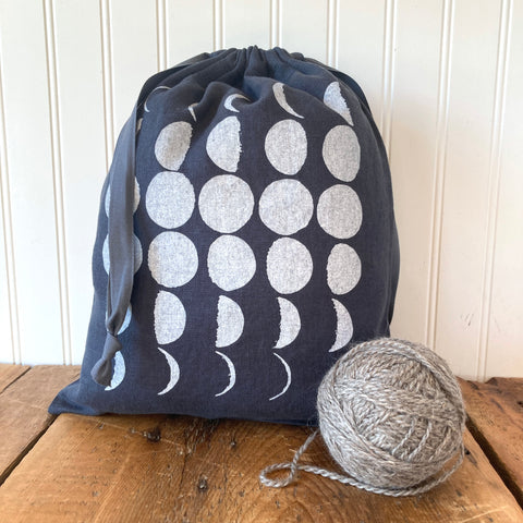 Large Linen Drawstring Bag - Moon Phases