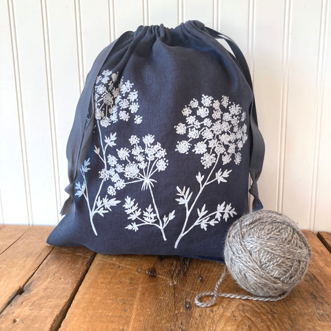 Large Linen Drawstring Bag - Queen Annes Lace