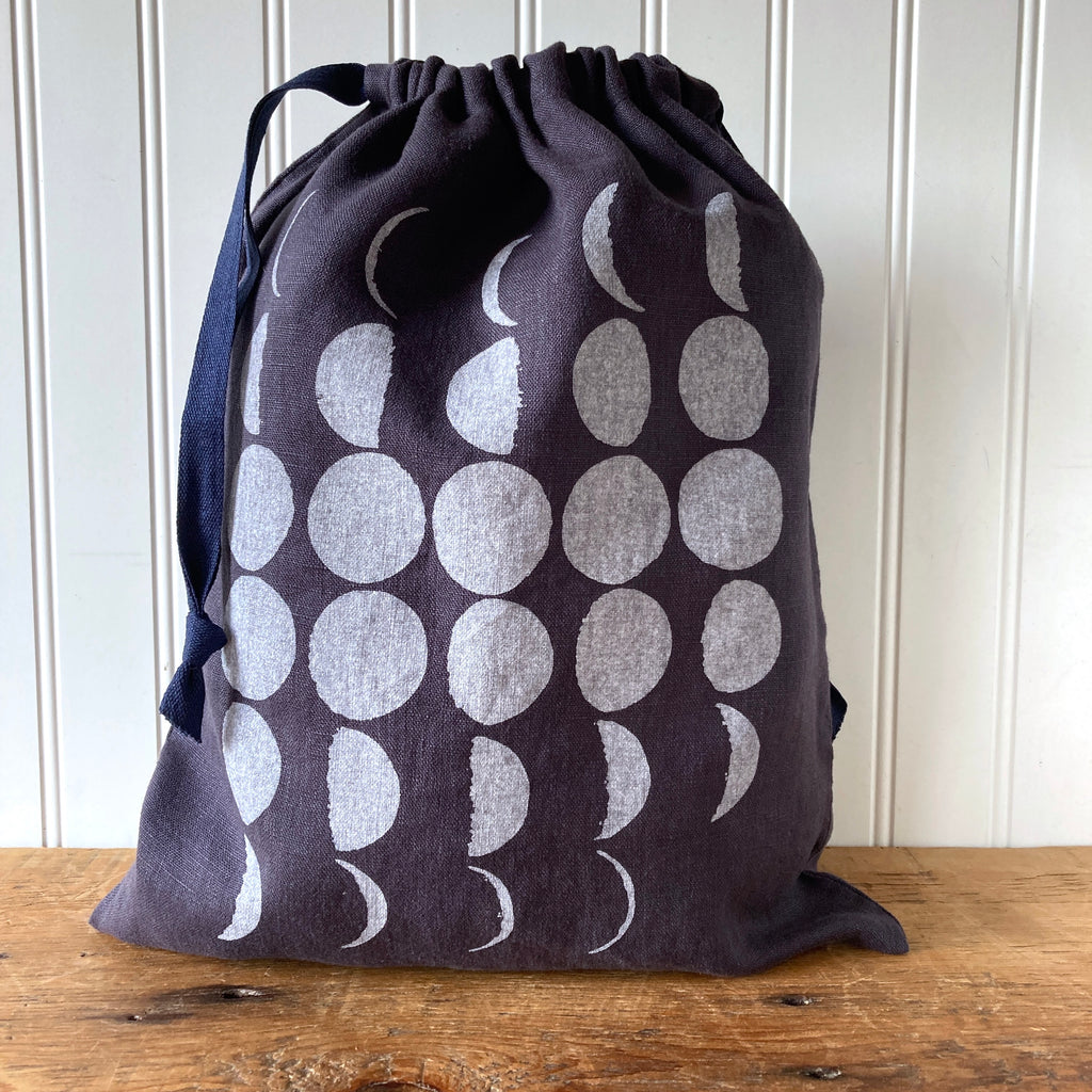 Large Linen Drawstring Bag - Moon Phases