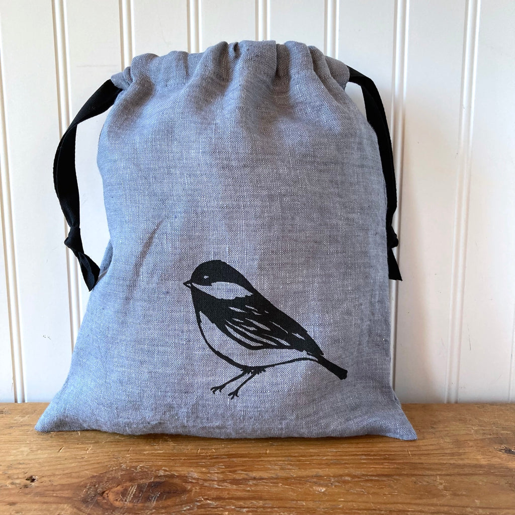Medium Organic Linen Drawstring Bag - Chickadee